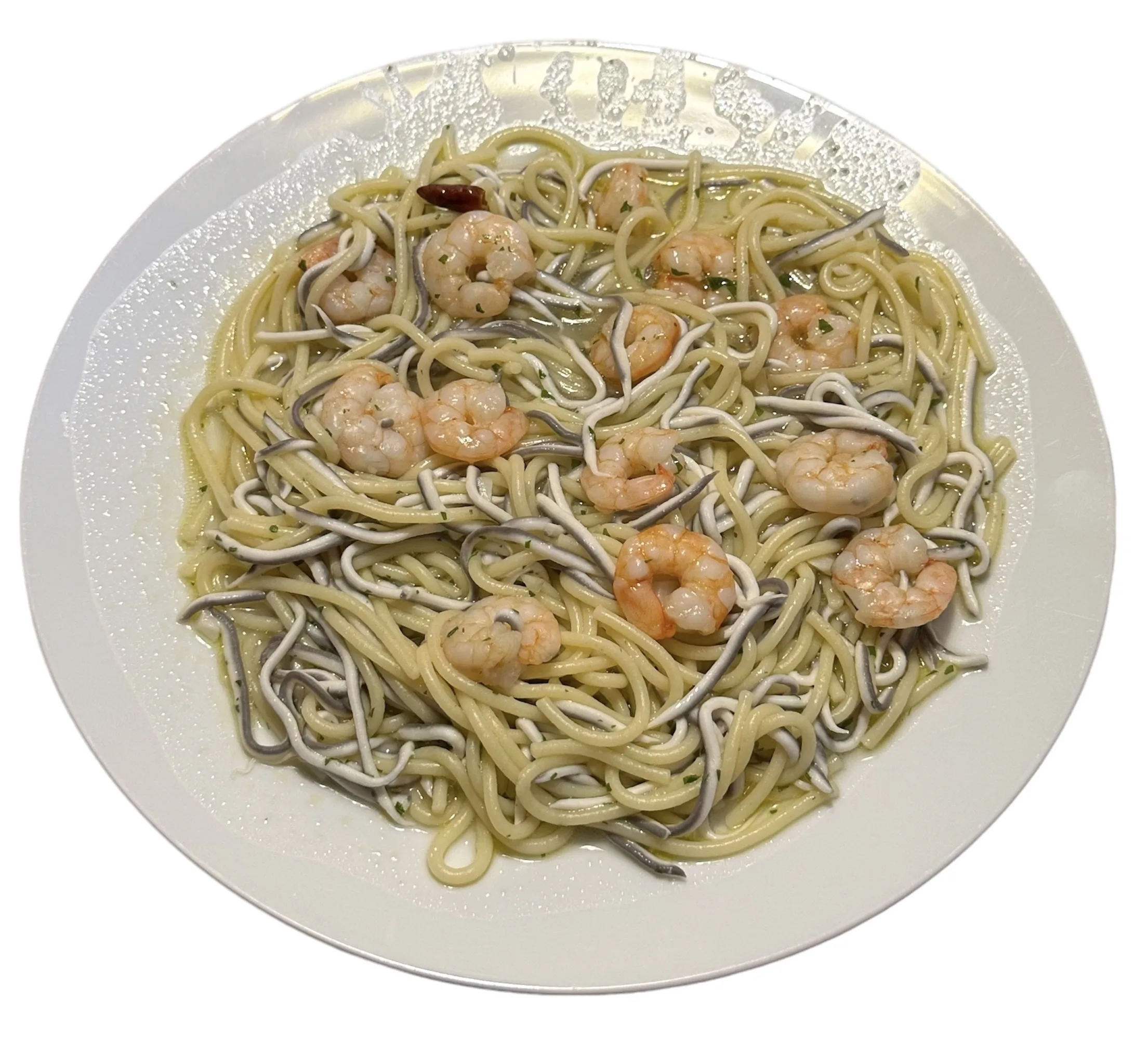 Espaguetis con gulas y gambas