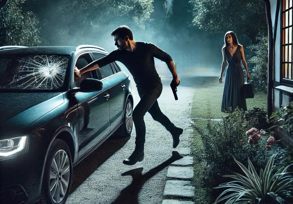 Capítulo 17: El Enfrentamiento Inminente Hombre con pistola en mano intentando abrir un coche y una mujer al lado