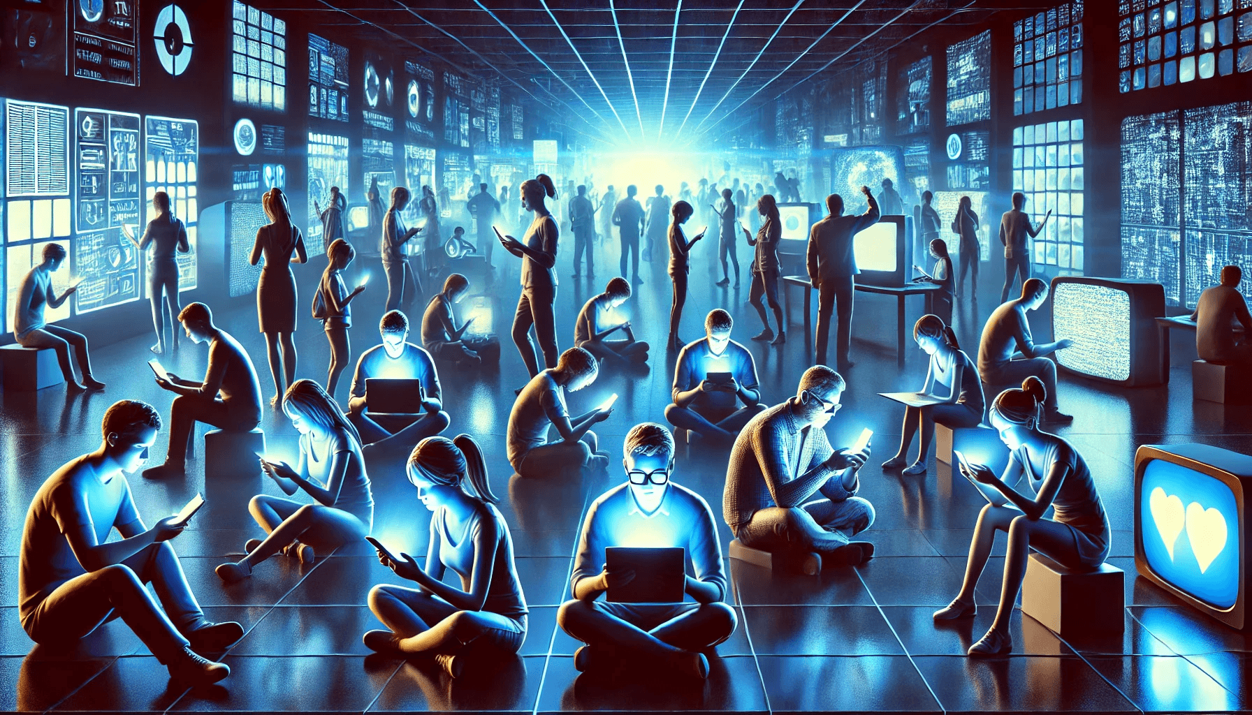 Mucha gente rodeada de luz azul