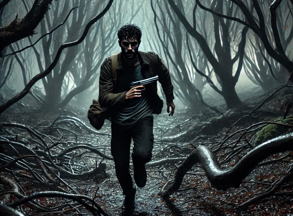 Hombre corriendo en el bosque con un arma en la mano