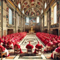 Interior de una basílica ceremonial con cientos de cardenales de ropajes rojos sentados alrededor de un altar en el fondo, vinculada a la tradición papal y a Mercurio