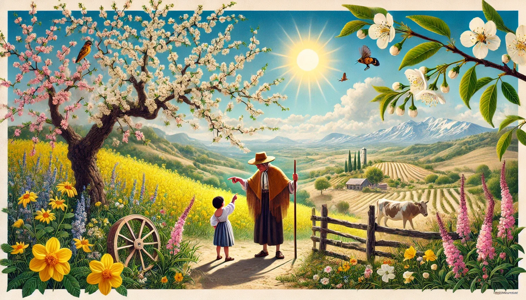 Paisaje de mayo con flores y sol