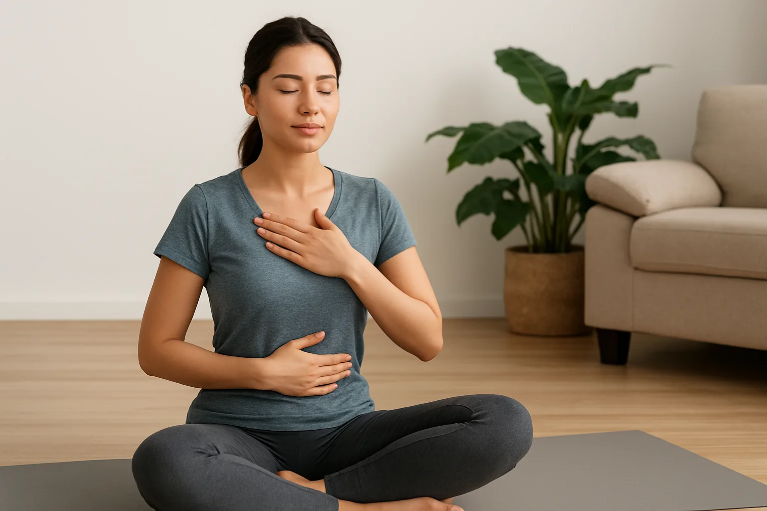 Mujer sentada en suelo respirando