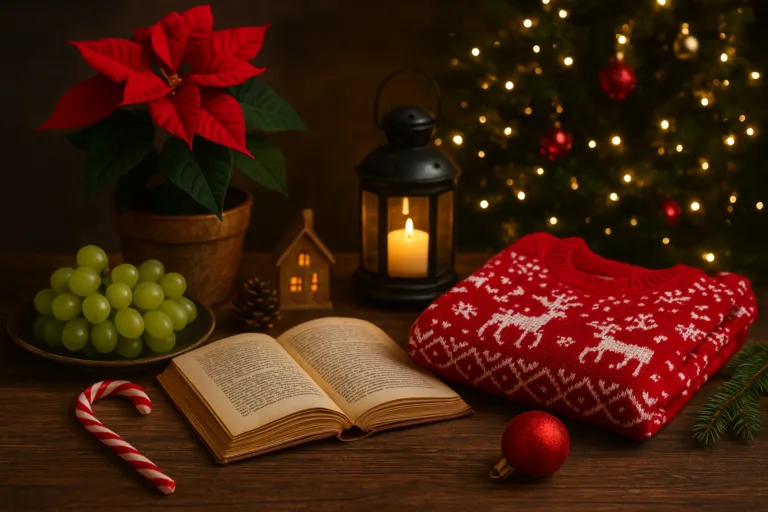 Decoración navideña con suéter rojo, libro abierto y elementos festivos que evocan el espíritu de la temporada.