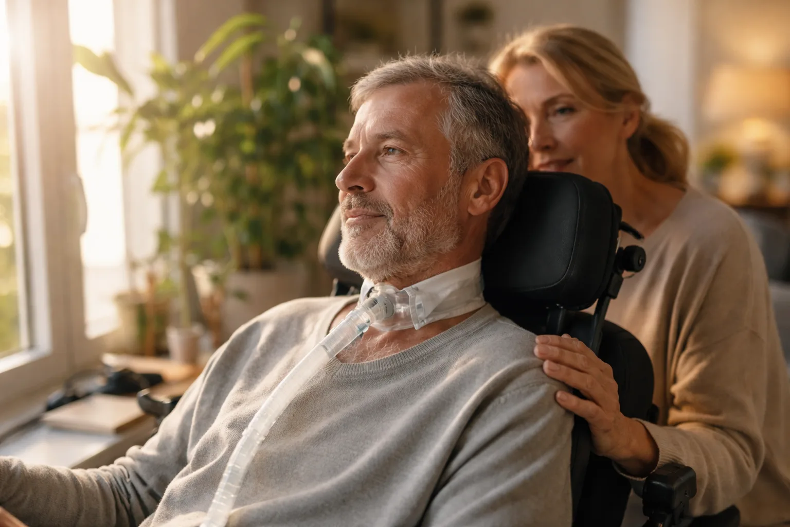 Vivir con ELA: comprender la enfermedad desde dentro, más allá del diagnóstico Hombre con ELA en silla de ruedas junto a una mujer que lo acompaña, mirando la luz de una ventana en un entorno tranquilo.