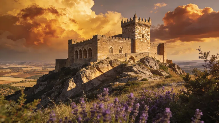 Castillo templario español de piedra sobre colina al atardecer con torres defensivas y murallas medievales