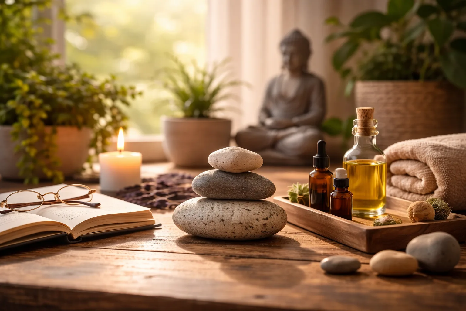 Escena de mente y bienestar con piedras apiladas, aceites esenciales y vela en ambiente cálido y relajante.