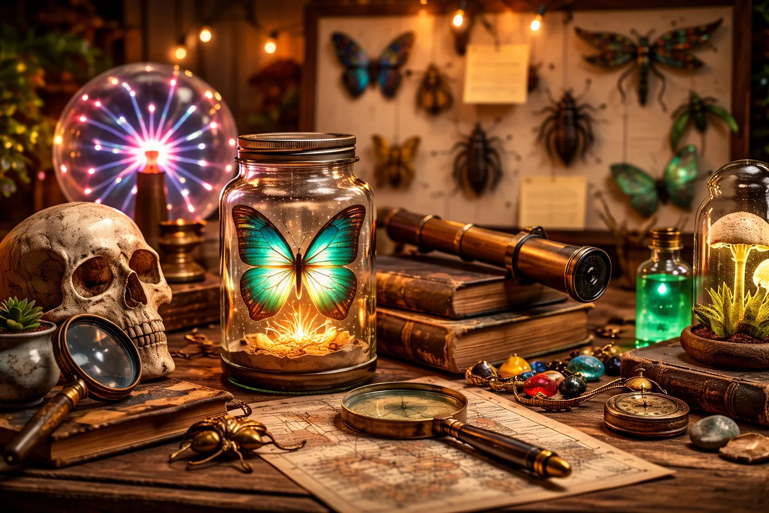 Imagen de curiosidades con objetos antiguos, mariposa luminosa en frasco y elementos científicos en mesa de madera.