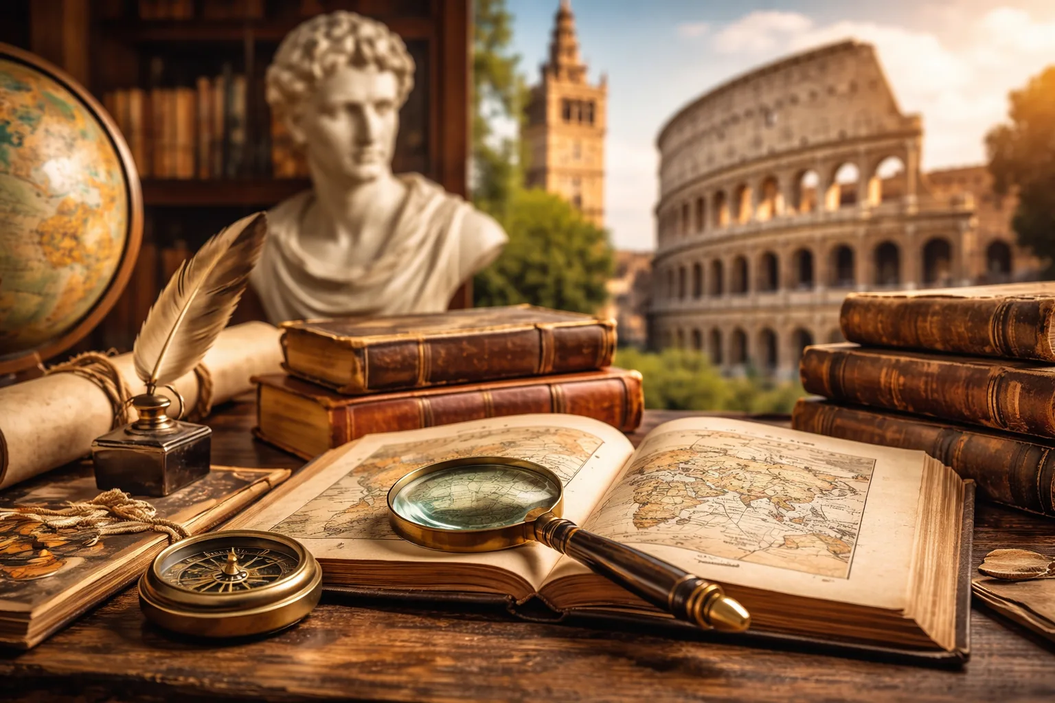 Historia y cultura Historia y cultura representadas con libros antiguos, mapa abierto, lupa y monumentos históricos al fondo en ambiente cálido.