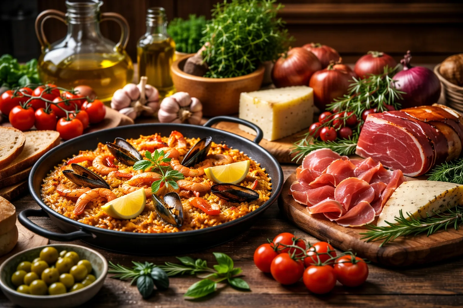 Mesa con paella, jamón ibérico, queso y productos frescos que representan la riqueza de la gastronomía tradicional.