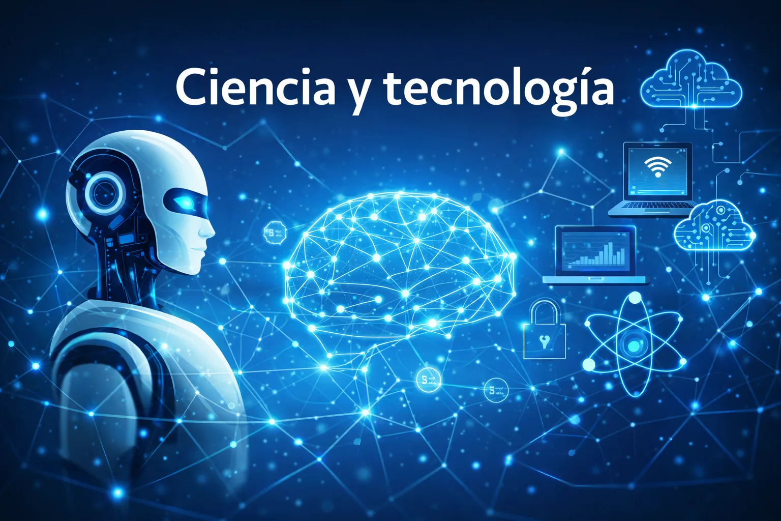 Ciencia y tecnología Robot humanoide frente a cerebro digital conectado, representación visual de ciencia y tecnología e inteligencia artificial.