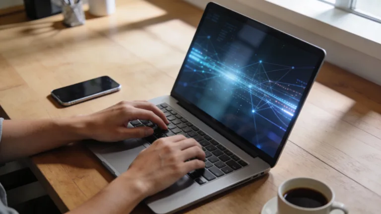 ``` Persona escribiendo en portátil gestionando su identidad digital en un espacio de trabajo moderno y luminoso ``` (120 caracteres - incluye la keyword "identidad digital" de forma natural y describe fielmente la imagen) Fuentes