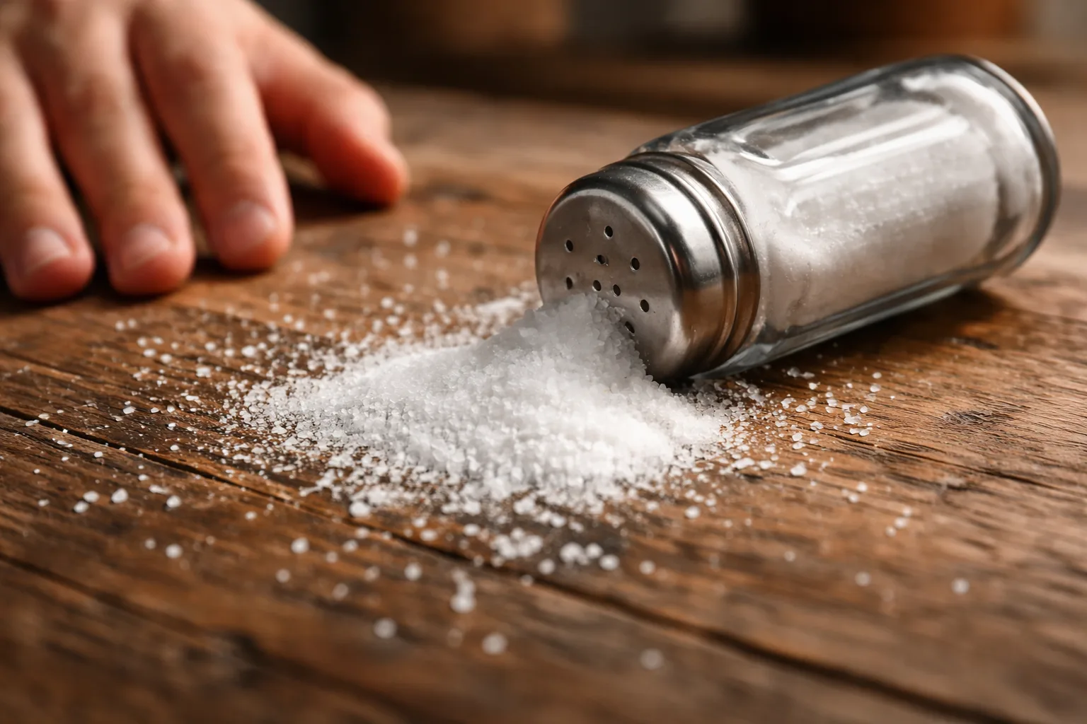 Sal derramada sobre una mesa de madera tras volcar un salero, escena asociada a la superstición de que derramar sal da mala suerte.