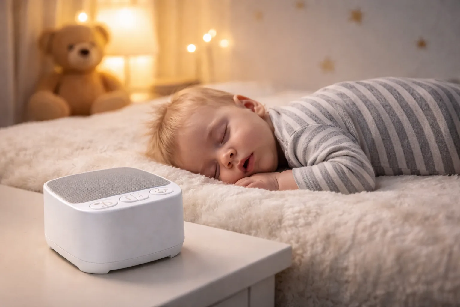 ¿Funciona el ruido blanco para dormir? Bebe durmiendo en habitación con una máquina ser ruido blanco en la mesilla