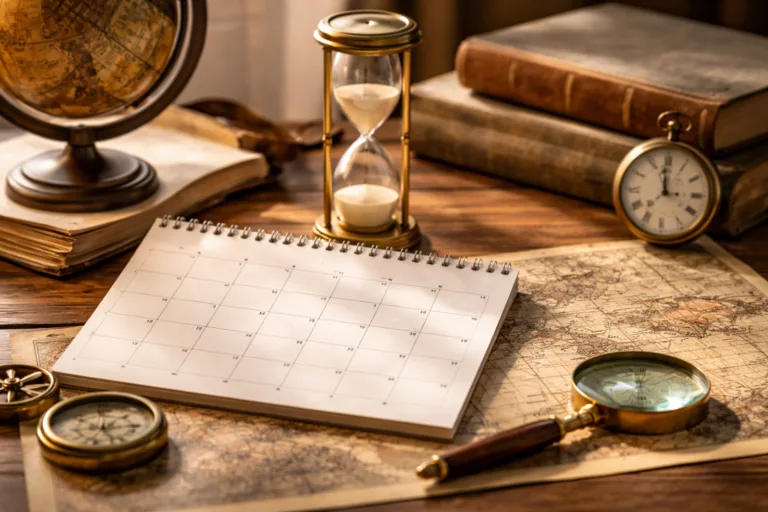 Objetos antiguos como reloj de arena y calendario sin fechas sobre mesa, representando la historia del calendario y medición del tiempo.