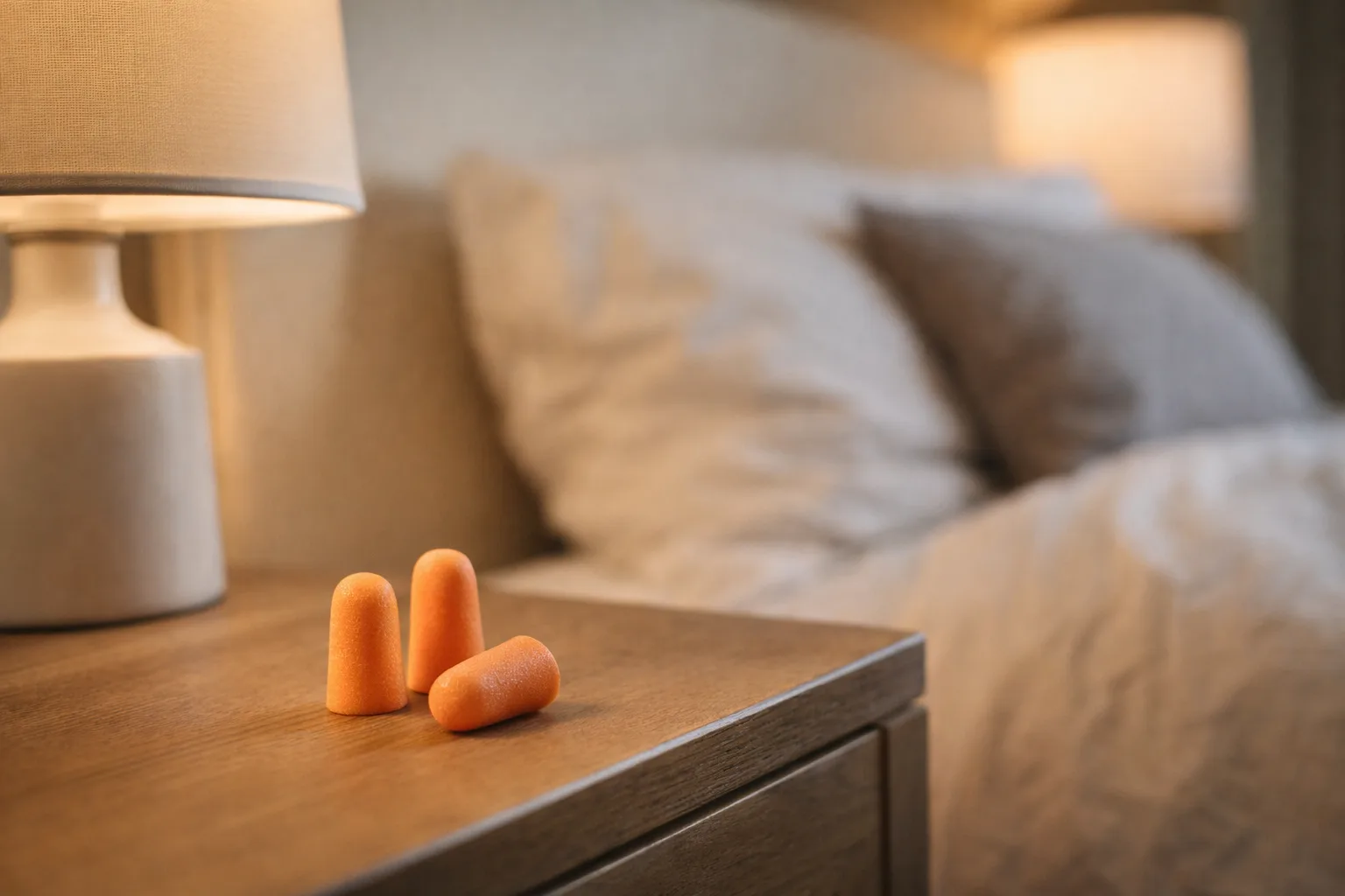 Tapones para dormir sobre mesilla junto a lámpara, en un dormitorio acogedor y con luz cálida nocturna