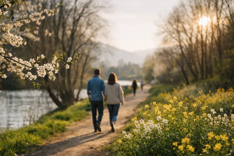 Pareja paseando junto al río en marzo, con flores y luz cálida que reflejan el ánimo de marzo y la llegada de la primavera.