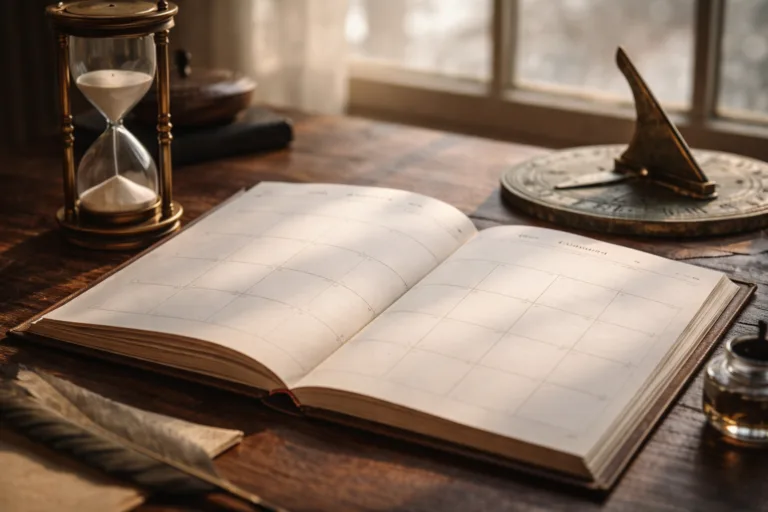 Calendario abierto sobre escritorio antiguo junto a reloj de arena, ilustrando por qué febrero tiene 28 días y en años bisiestos 29