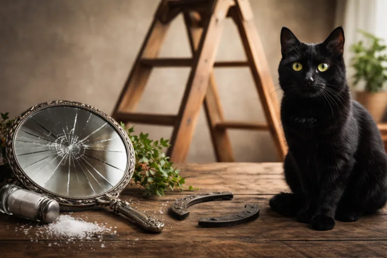 Símbolos clásicos del origen de las supersticiones: gato negro, espejo roto y escalera en una escena simbólica de mala suerte.