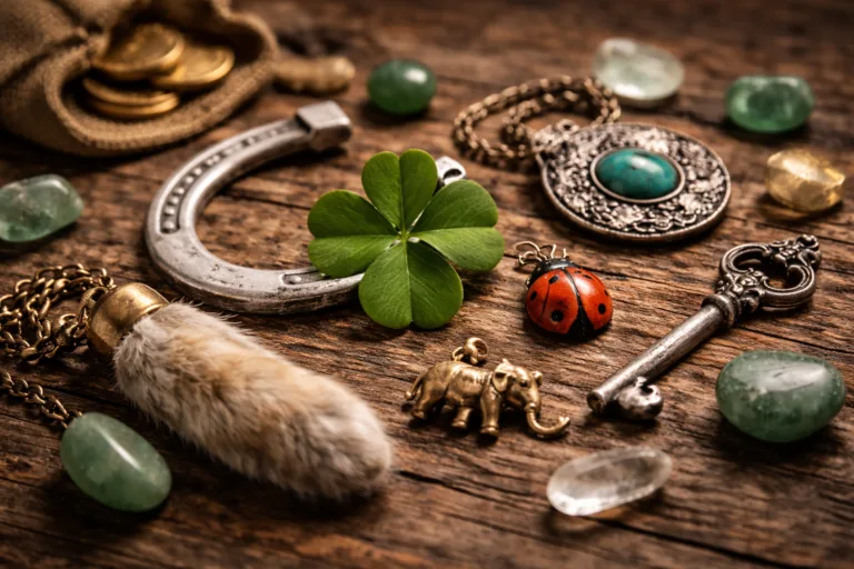 amuletos de la suerte: trébol de cuatro hojas, herradura, mariquita y talismanes sobre mesa de madera