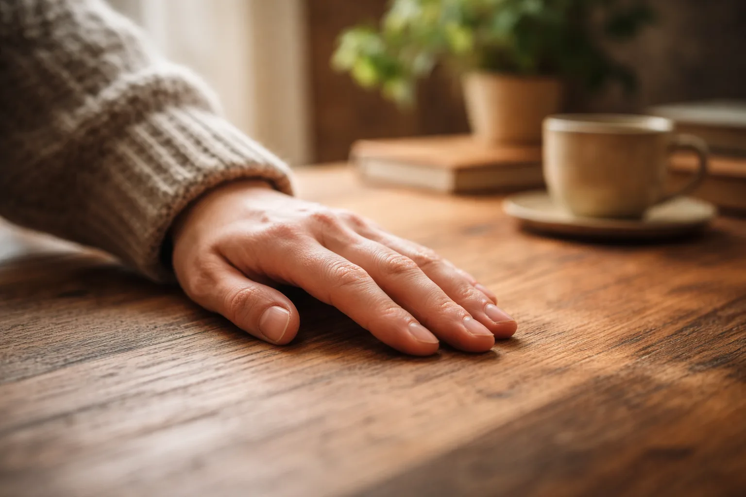 Mano tocando una mesa de madera como gesto supersticioso para evitar la mala suerte.