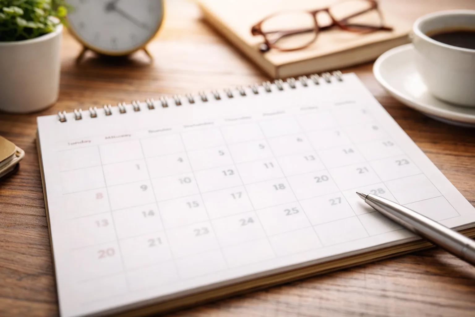 Calendario desenfocado sobre escritorio con reloj y café, representando por qué los meses tienen 30 o 31 días.