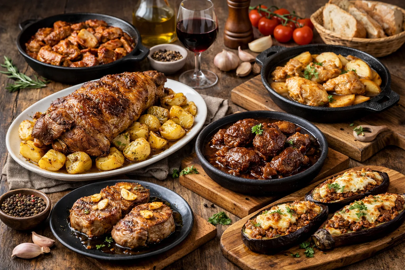 recetas de carne tradicionales con platos como cordero al horno, carrilleras en salsa y berenjenas rellenas caseras