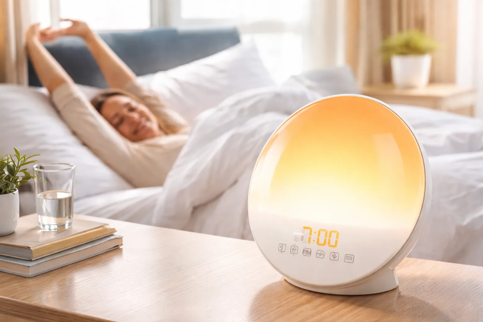 despertador con simulación de amanecer despertando a una persona por la mañana