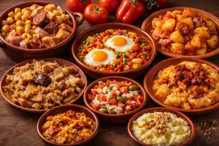 cocina tradicional española con platos típicos como cocido madrileño, pisto manchego y huevos a la flamenca