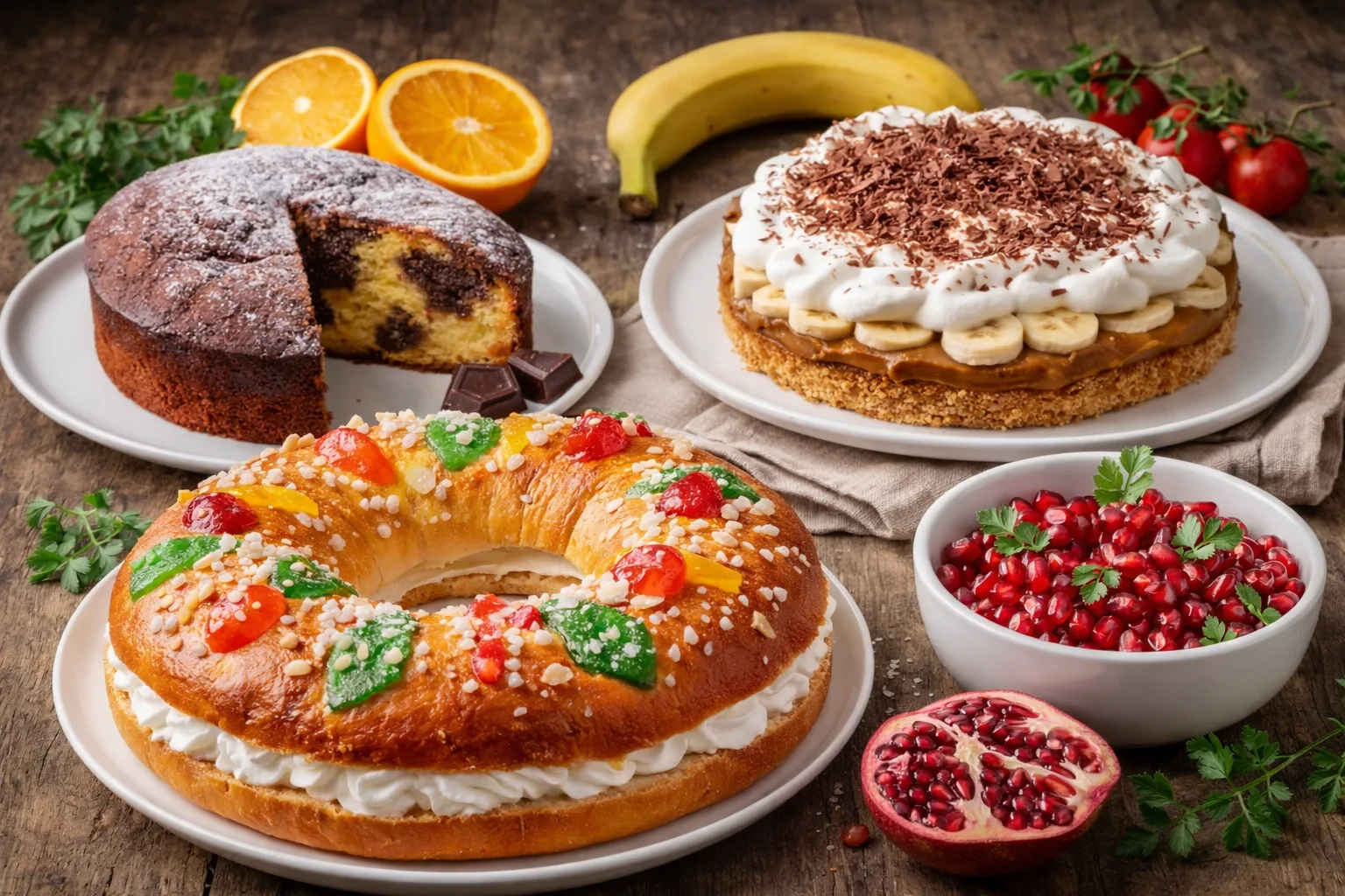 dulces y postres caseros con roscón de reyes, bizcocho y tarta banoffee
