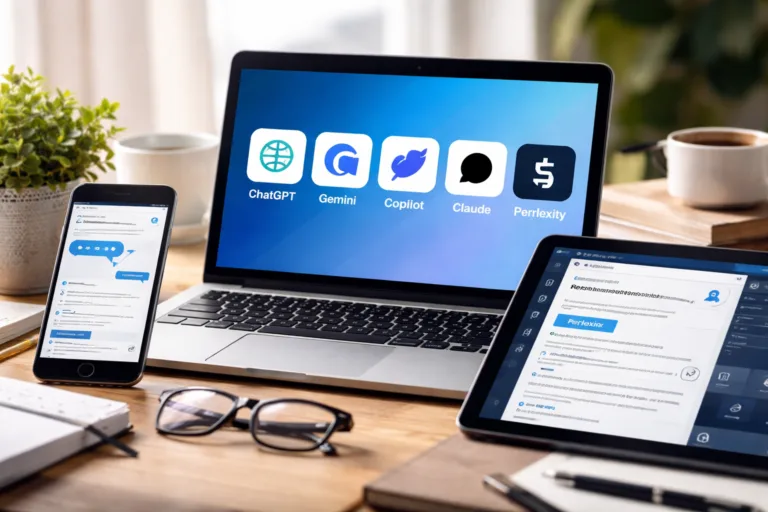 Comparativa de alternativas a ChatGPT gratuitas en portátil, móvil y tablet sobre un escritorio moderno.