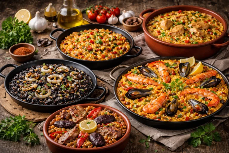 Variedad de arroces en una paellera con bogavante, mariscos y verduras, arroz dorado y colorido sobre mesa rústica con hierbas y limón.