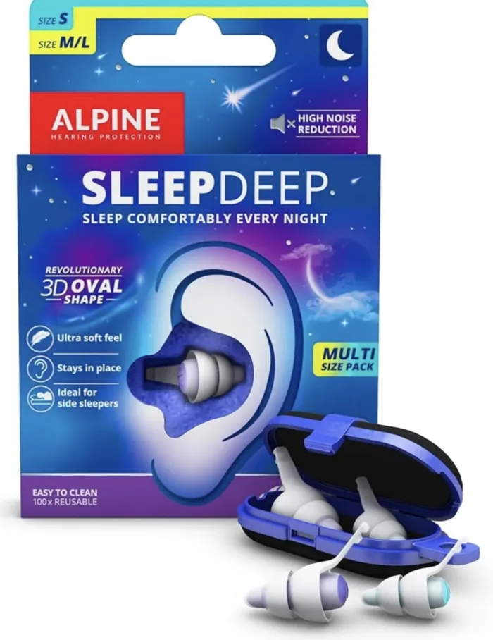 Alpine SleepDeep tapones para dormir en estuche azul, empaque azul y morado con diseño 3D oval; producto reutilizable para reducción de ruido y comodidad nocturna.