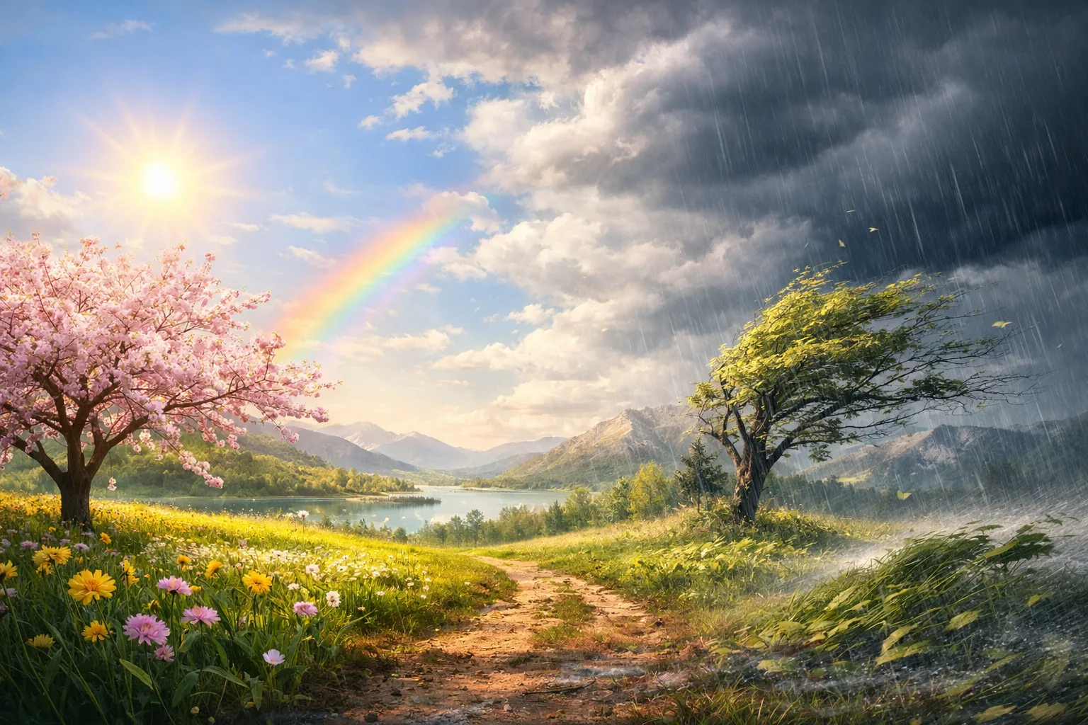 Paisaje primaveral con sol, lluvia y arcoíris que refleja el ánimo de abril y su mezcla de energía, cambio e inestabilidad.