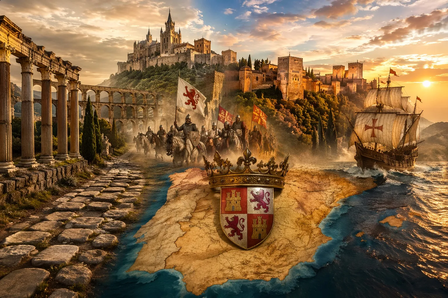 Representación visual de cómo se formó España con elementos históricos como Roma, Al-Ándalus y la Edad Media