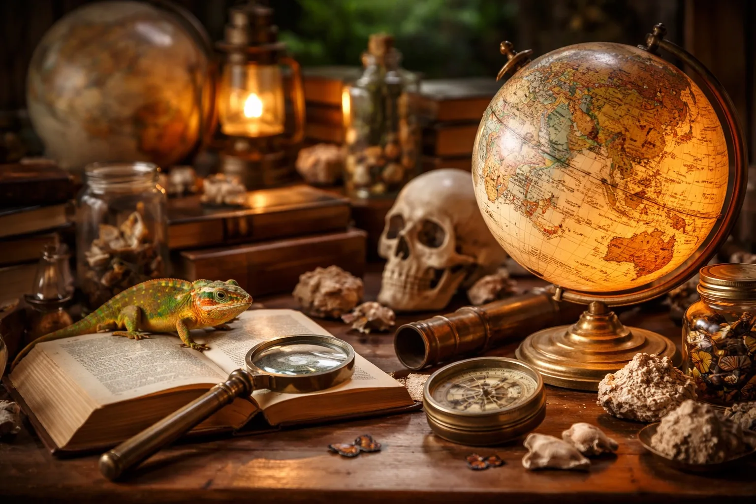 Composición con globo terráqueo, libro y elementos curiosos que representan curiosidades del mundo