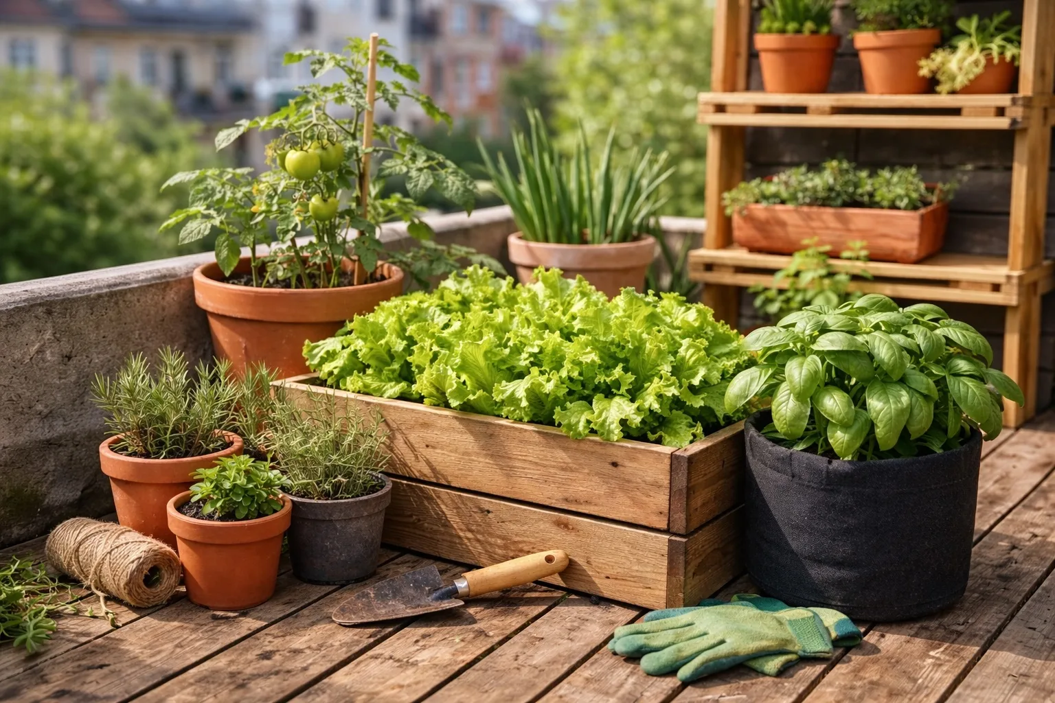 Huerto urbano en balcón con macetas de verduras y plantas aromáticas creciendo