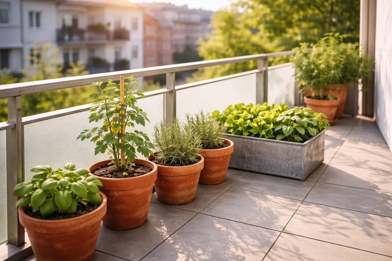 Huerto urbano en balcón con macetas de plantas recibiendo luz solar