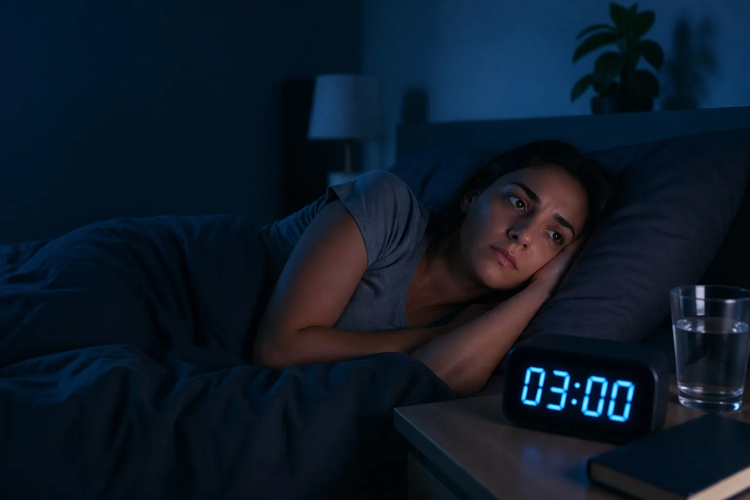 mujer despierta en la cama a las 3 de la madrugada con insomnio mirando el reloj