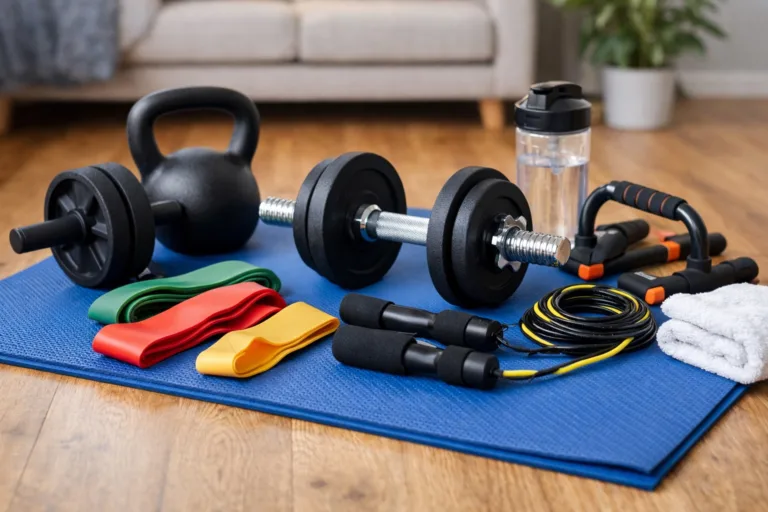 material básico para hacer ejercicio en casa con mancuernas bandas elásticas y kettlebell