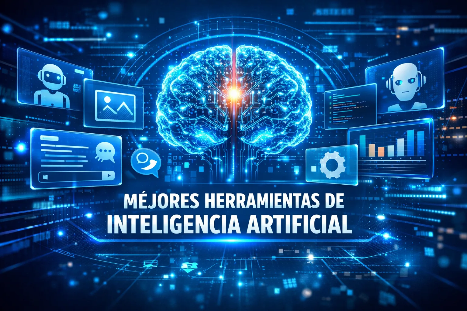 herramientas de inteligencia artificial ilustración cerebro digital y aplicaciones IA