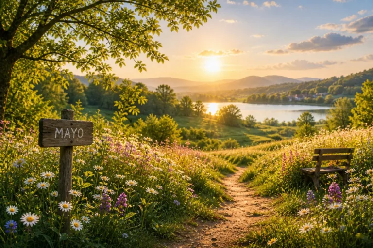 Paisaje primaveral con flores y luz cálida que refleja el ánimo de mayo, la estabilidad emocional y el equilibrio interior