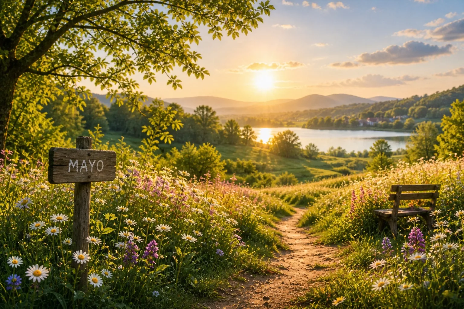 Paisaje primaveral con flores y luz cálida que refleja el ánimo de mayo, la estabilidad emocional y el equilibrio interior