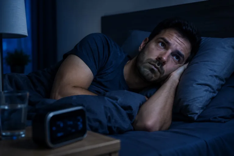 Hombre despierto en la cama por la noche sin poder dormir