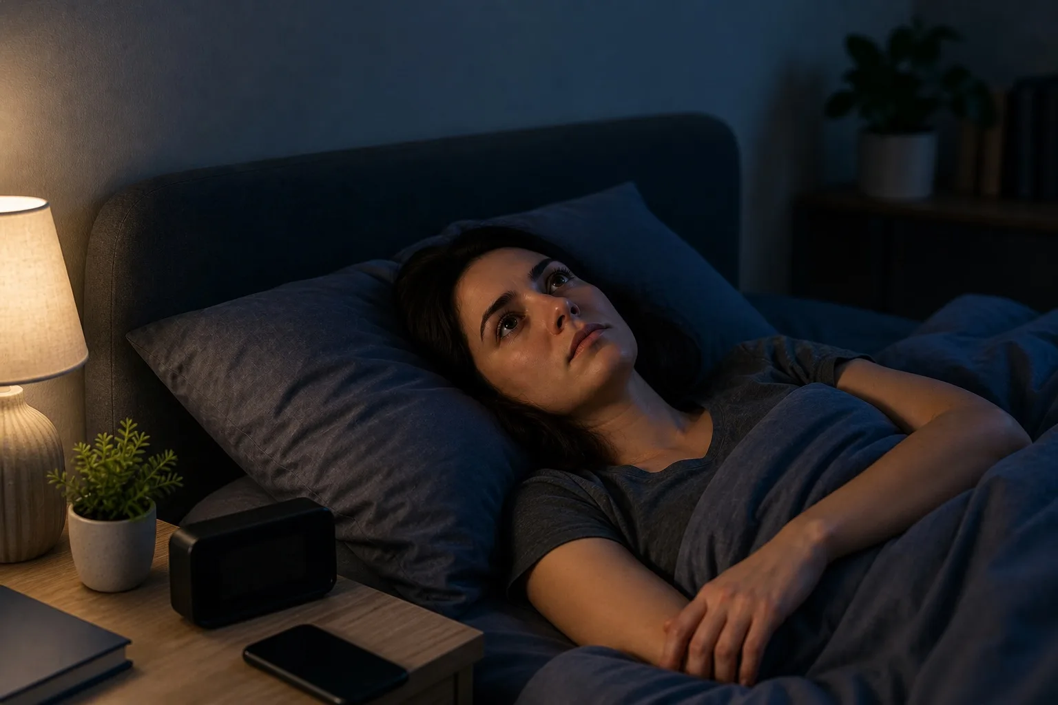 Persona en la cama sin poder dormir aunque tenga sueño