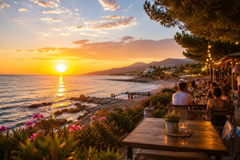 Atardecer junto al mar con personas disfrutando al aire libre que refleja el ánimo de julio y la intensidad del verano