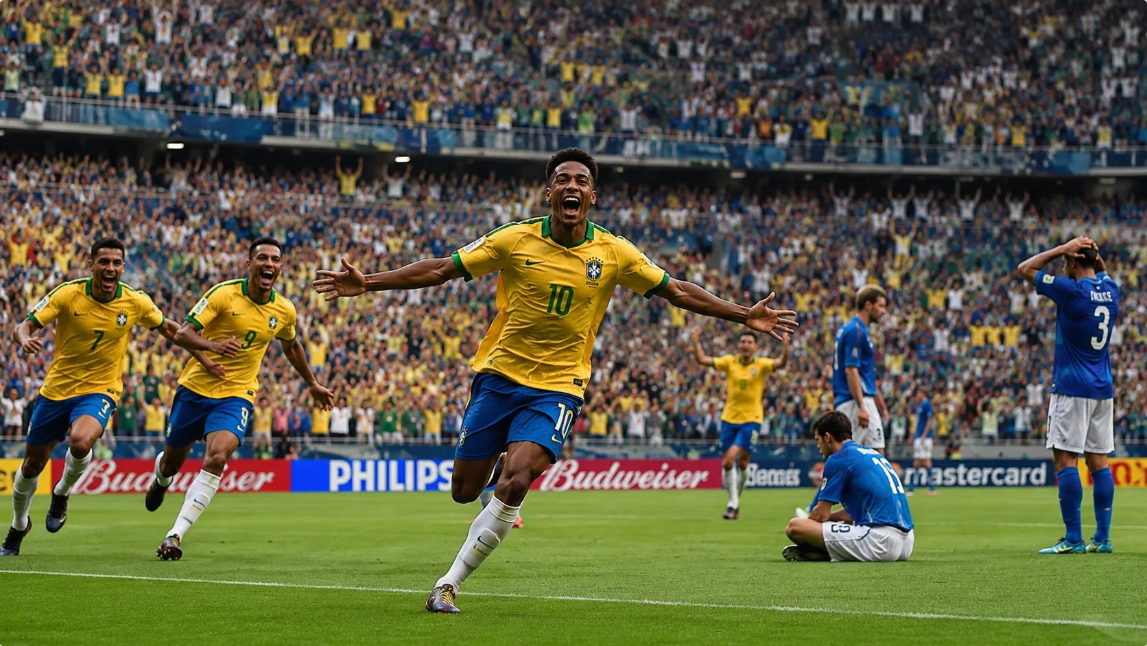 Celebración de un gol en un estadio lleno durante un partido histórico de los Mundiales de fútbol.