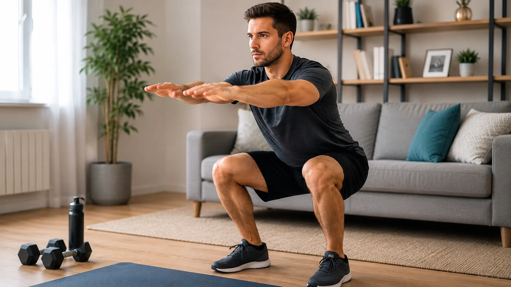 Persona realizando ejercicios de fuerza en casa para principiantes con sentadillas y material básico de entrenamiento