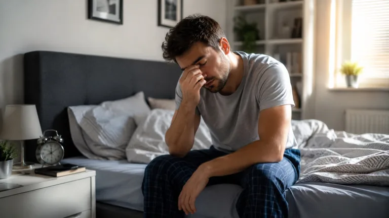 Hombre despertándose cansado en la cama después de dormir ocho horas, mostrando signos de fatiga y falta de descanso reparador.