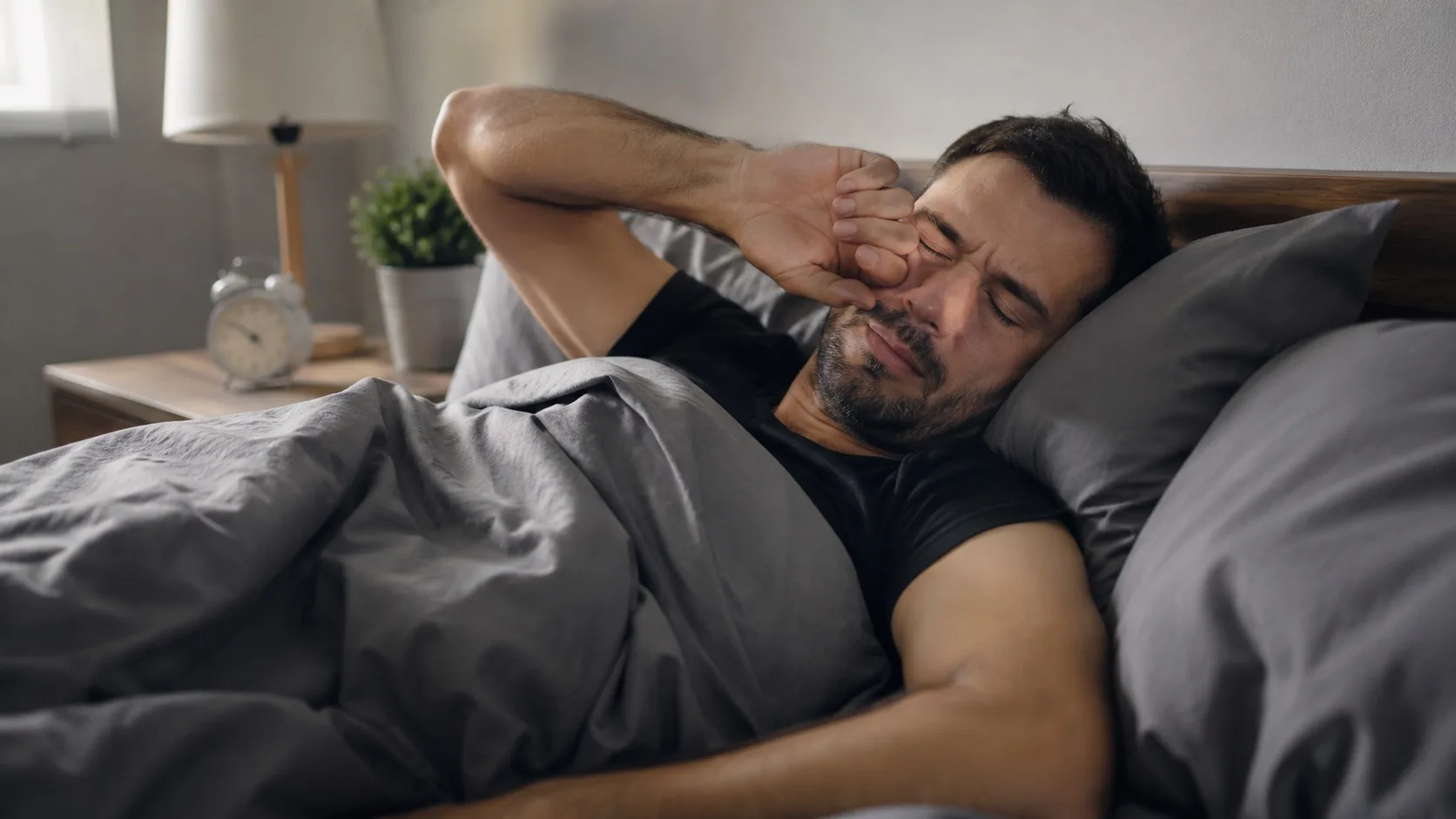 Hombre despertándose cansado en la cama después de dormir ocho horas, mostrando signos de fatiga y falta de descanso.